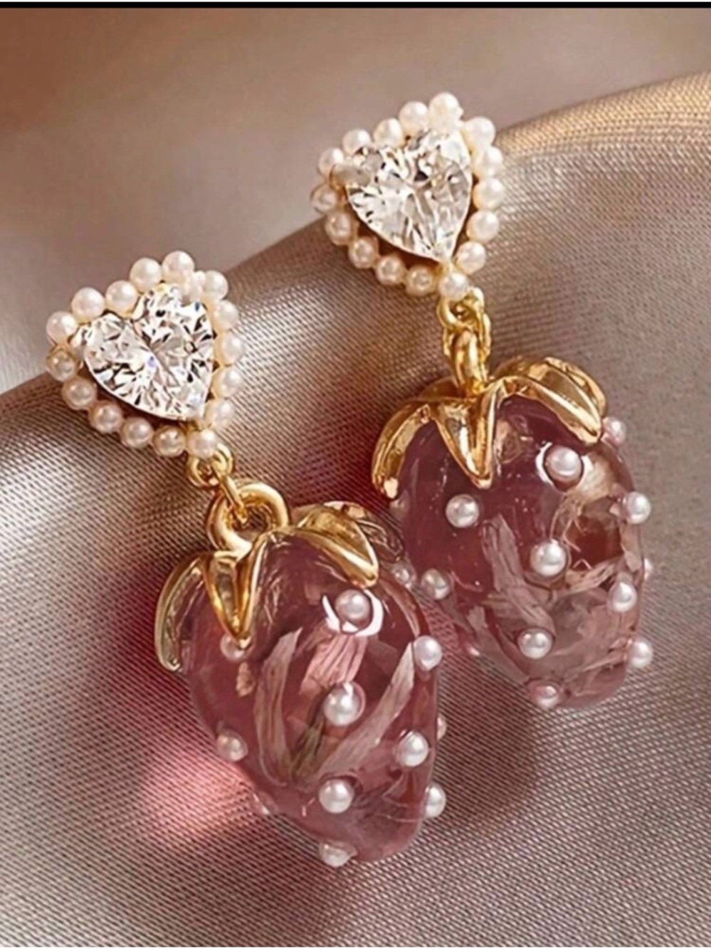 Gold-Tone Pink Strawberry Drop Earrings with Pearl Accents